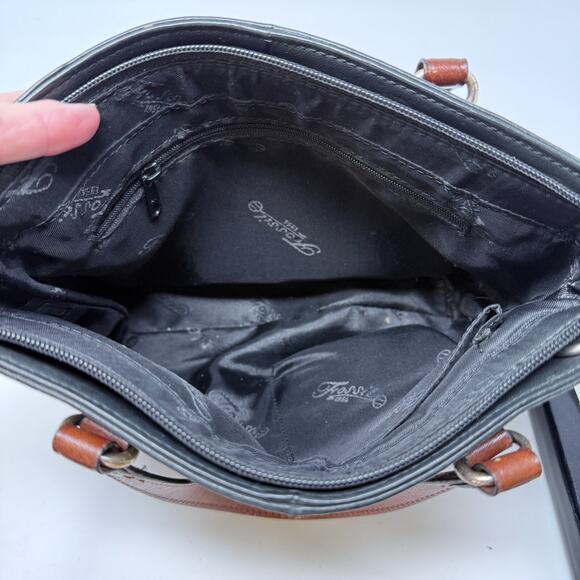 Vintage Fossil Black Leather Shoulder Bag Brown Leather Stitching Double Handles - Picture 5 of 6